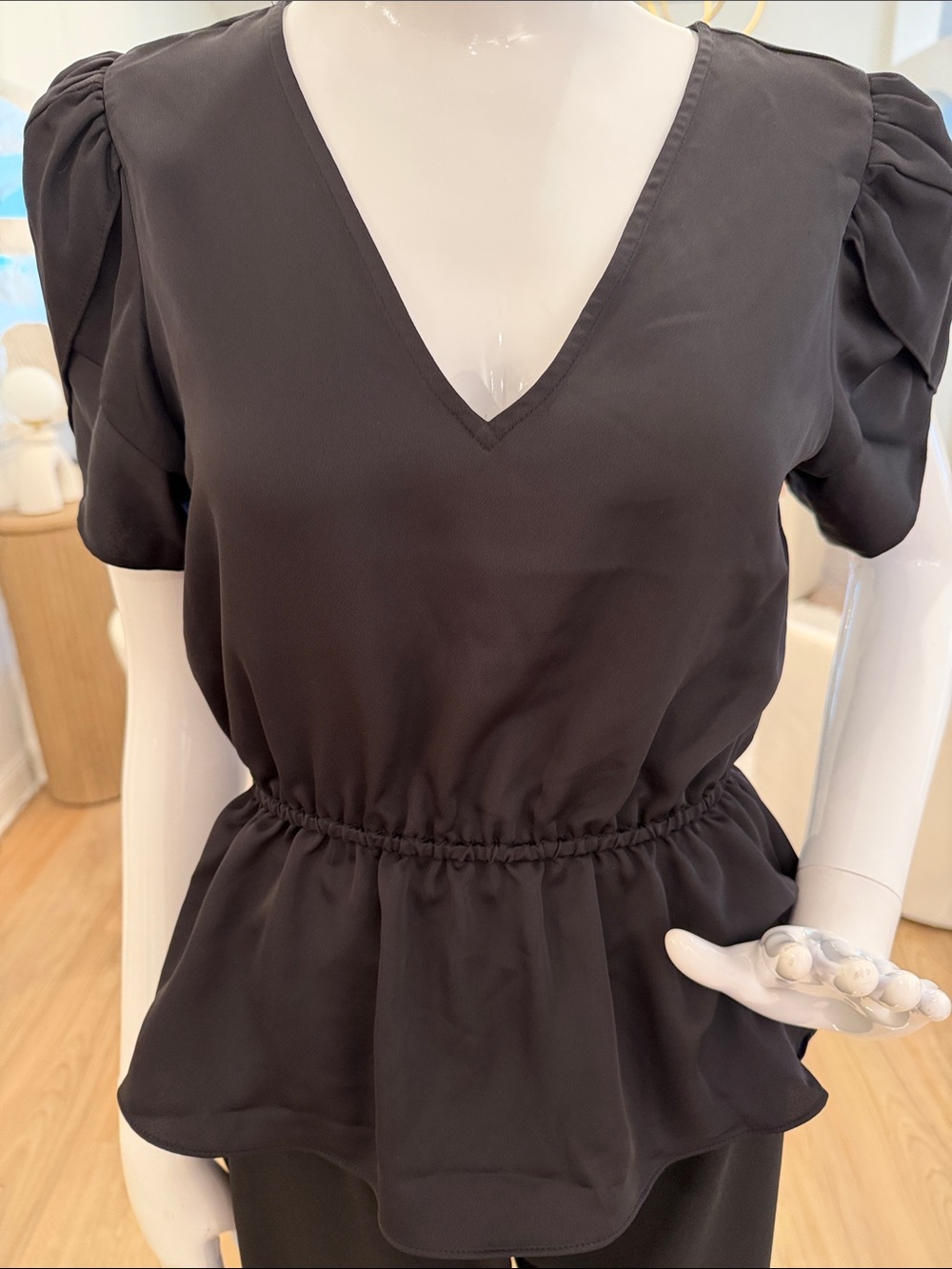 Nine West Black V-Neck Peplum Blouse with Puff Sleeves